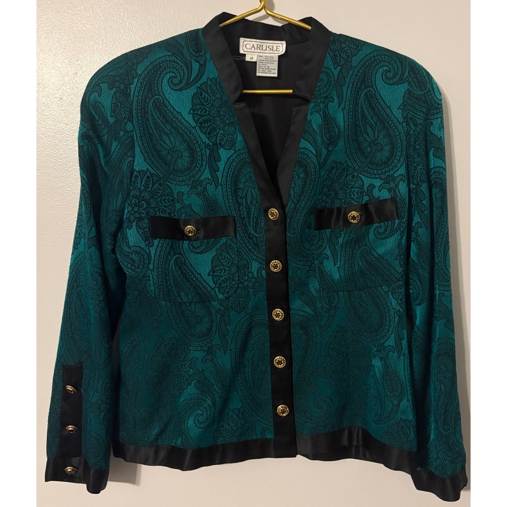 Carlisle Vintage Teal Paisley Wool Silk Blazer Jacket Gold Crest Buttons Size 12